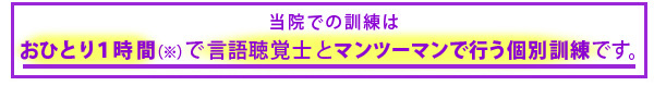 当院での訓練は、 おひとり1時間(※)で言語聴覚士とマンツーマンで行う個別訓練です。